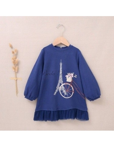 Dadati Vestido Polar Azul Marino con motivo Bicicleta y bajo Tul
