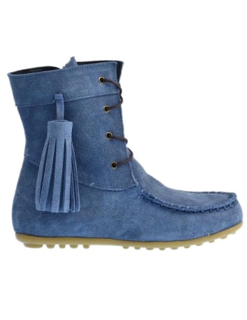 Bota Mohicana de Piel con Borla Lateral en color Azul Jeans