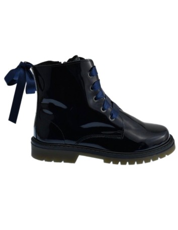 Bota Militar piel Charol Azul con Cordones