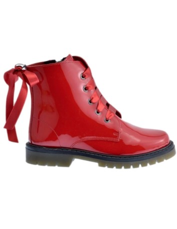 Bota Militar piel Charol Rojo con Cordones