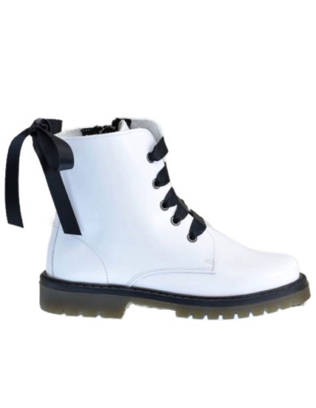 Bota Militar piel Charol Blanco con Cordones