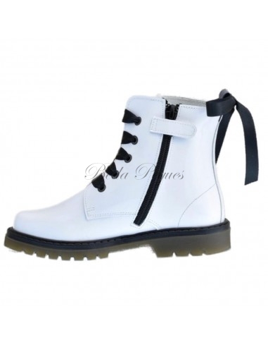 Bota Militar piel Charol Blanco con Cordones