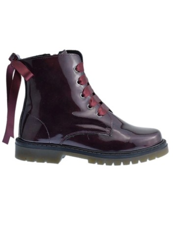 Bota Militar piel Charol Burdeos con Cordones