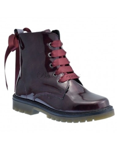 Bota Militar piel Charol Burdeos con Cordones
