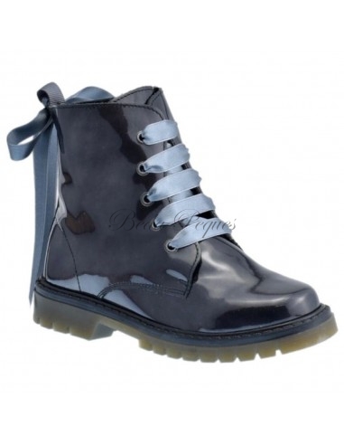 Bota Militar Piel Charol Gris con Cordones