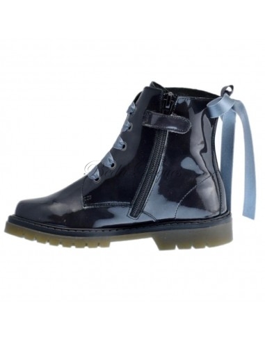 Bota Militar Piel Charol Gris con Cordones