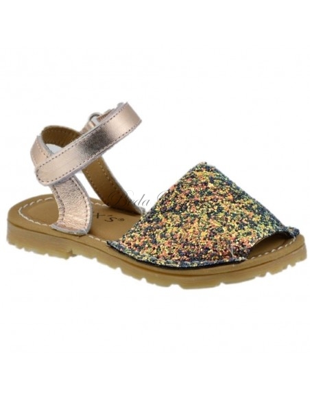Sandalia Ibicenca o menorquina niña de piel glitter multicolor de Guxs