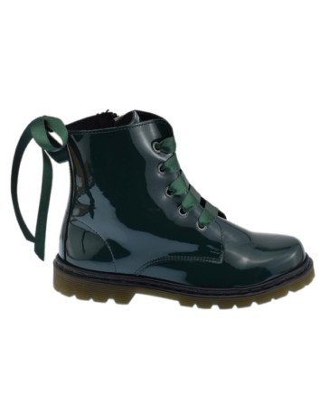 Bota Militar piel Charol Verde Botella con Cordones