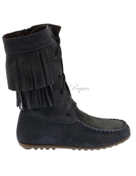 Guxs Bota Mohicana alta piel serraje con flecos en gris