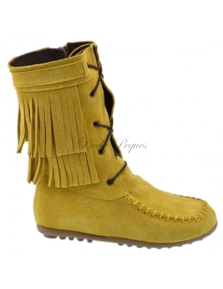 Guxs Bota Mohicana alta piel serraje con flecos en color maiz