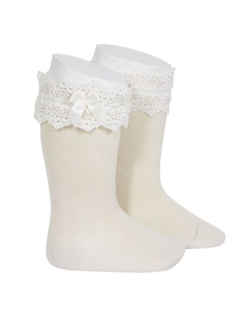 Condor Calcetines altos con puntilla y lazo Lino beige