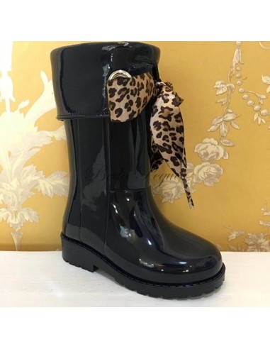 Bota de Agua Marino Charol con Lazo Leopardo