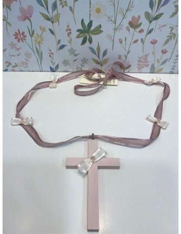 Cruz de Madera Comunión Rosa con lazos
