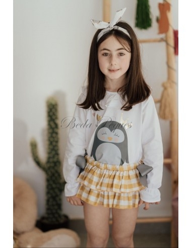 Mon Petit Bonbon colección Pinguino camiseta niña y braguita mostaza