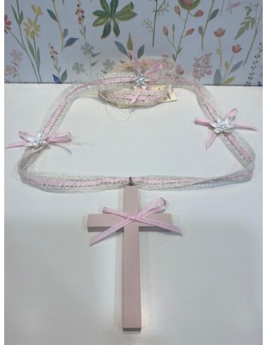 Cruz de Madera Comunión Rosa y Beige