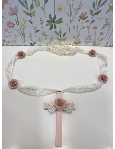 Cruz de Madera Comunión Rosa y Beige de encaje