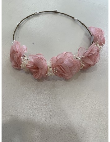 Media Corona 5 Flores tul color rosa empolvado