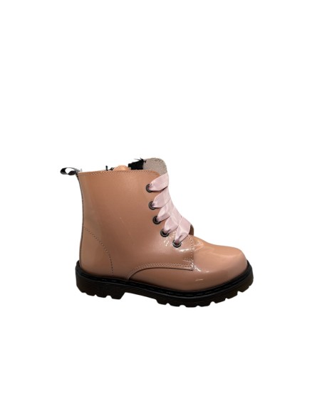 Bota Militar piel Charol Rosa con Cordones