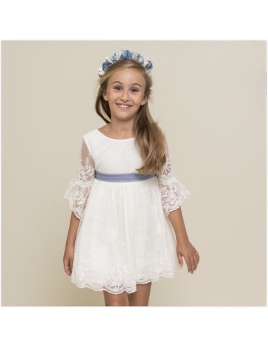 La ormiga Vestido Niña tul bordado blanco...