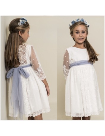 La ormiga Vestido Niña Tul bordado blanco espalda