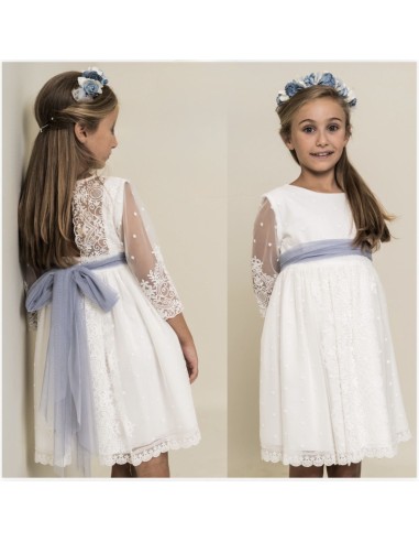 La ormiga Vestido Niña Tul bordado blanco espalda