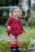 Blusón de bebé Lolittos Terrier de cuadros rojos y azul marino con cuello blanco perforado y braguitas a juego