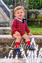 Pelele Lolittos Terrier de cuadros rojos y azul marino con cuello blanco de tira bordada y lazo azul marino